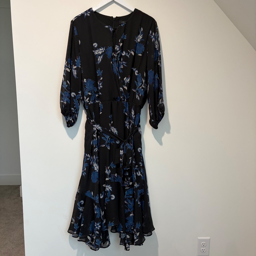 Lane Bryant Women 20 Black Blue Floral Chiffon High-Low Midi Dress NWT m91343
